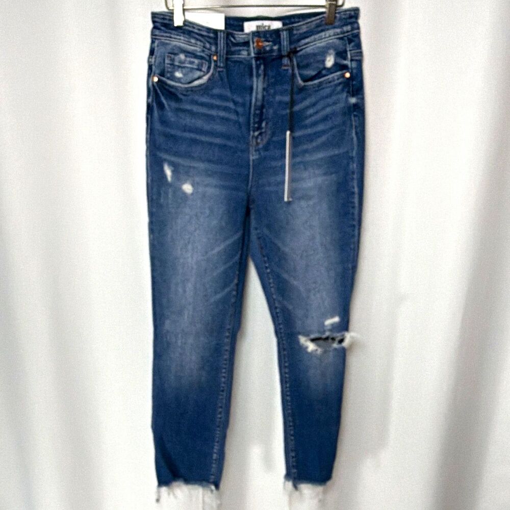 Mica Denim Jeans Womens Blue Medium Wash High Rise Slim Crop Distressed 5-Pocket